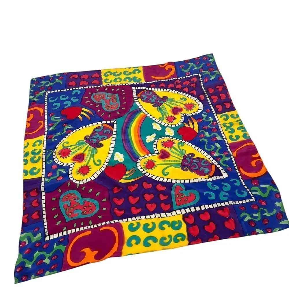 SILKSCAPES Silk Hand Painted Colorful Heart Pattern Scarf 35” X 34”